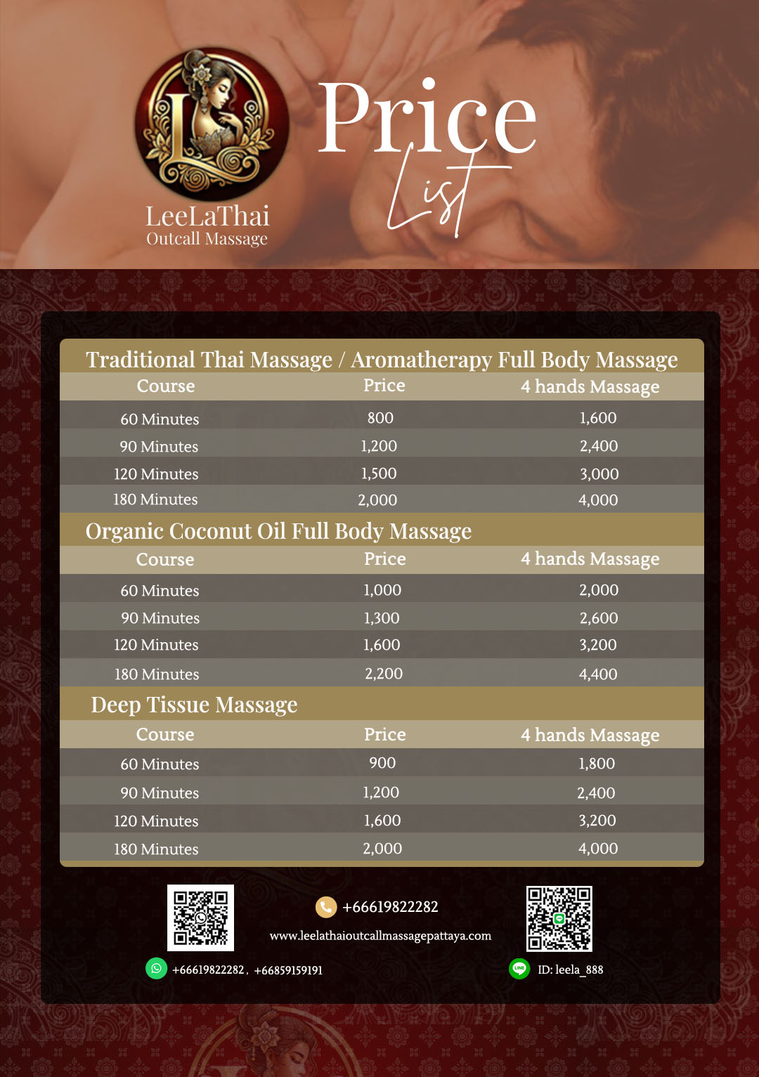 LeeLa Thai Outcall Massage Price Lists